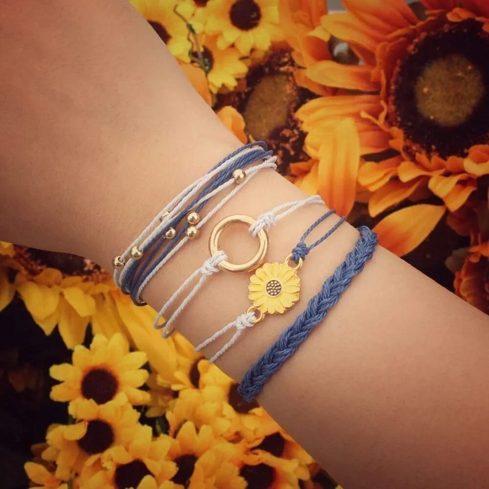 Sunflower String Bracelet Handmade Braided Rope Charms Boho Surfer Bracelet for